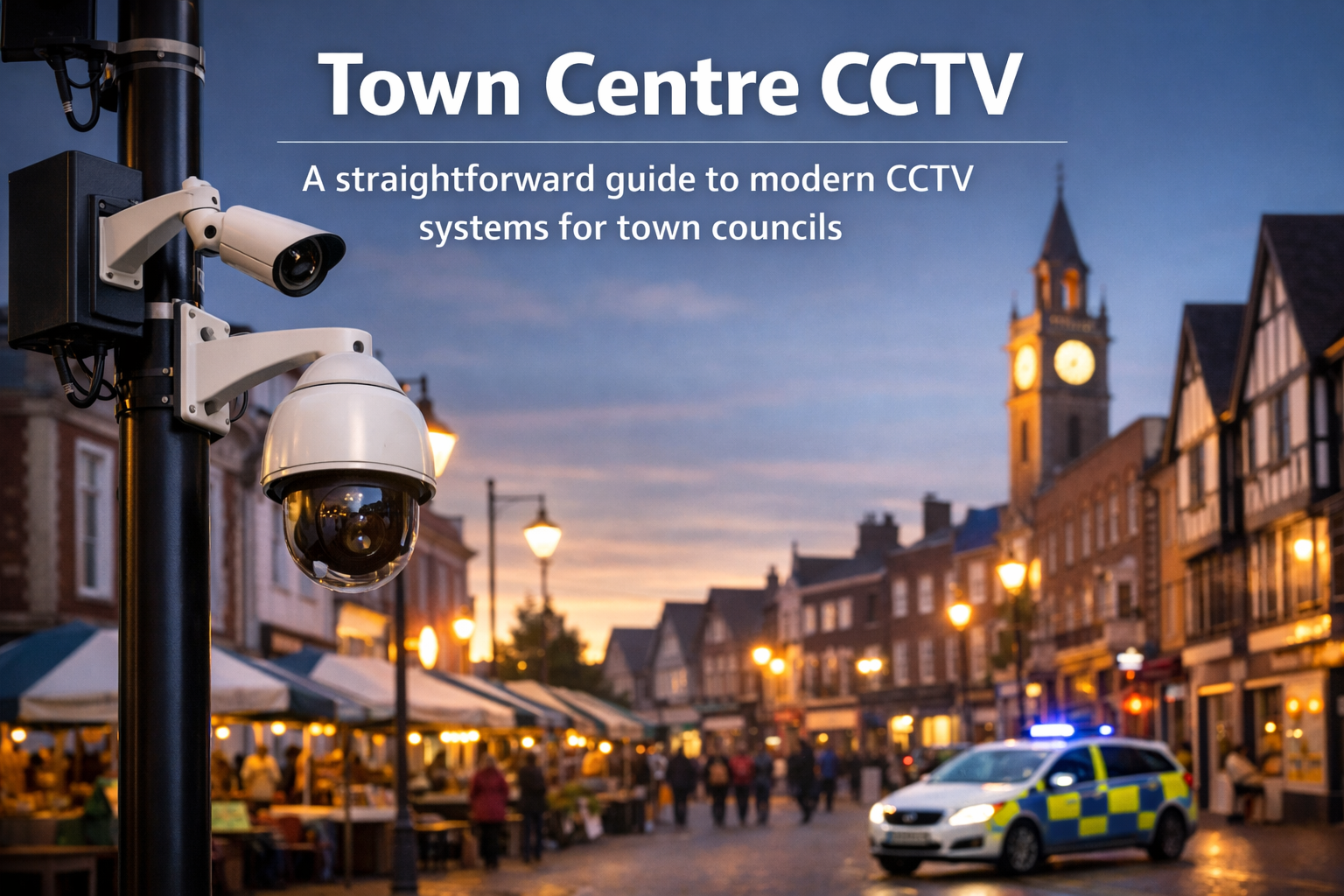 CCTV camera mounted on a street lighting column overlooking a busy UK town centre high street at dusk
